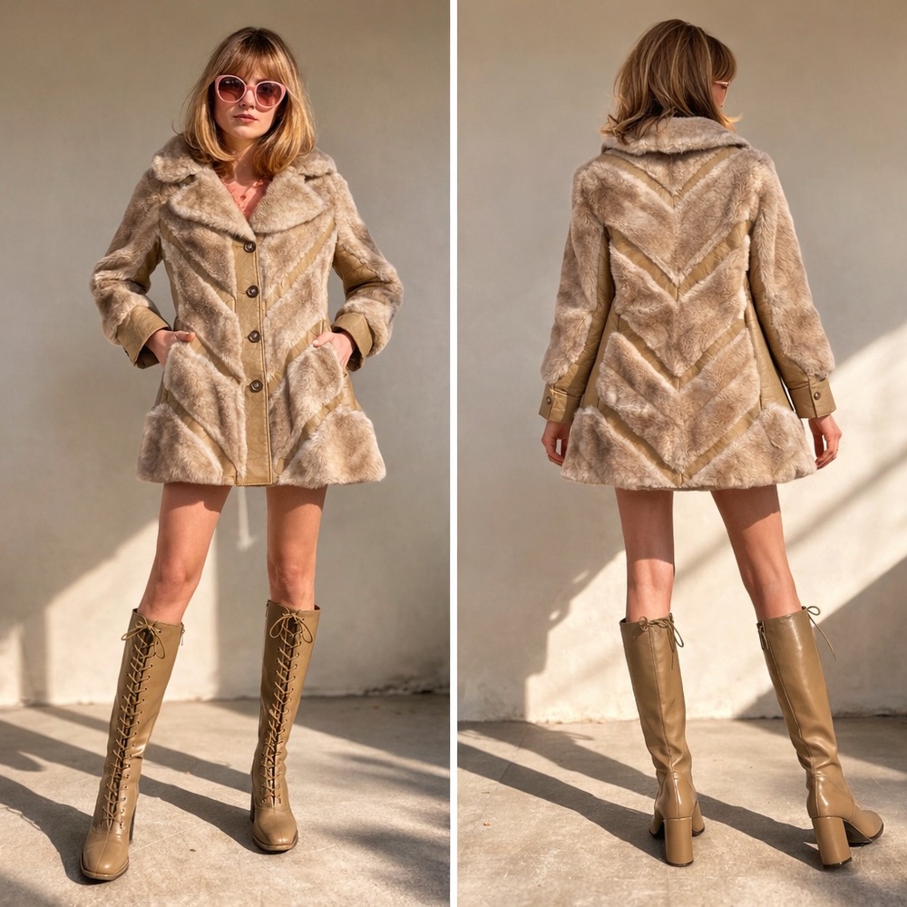 Vintage Faux Fur & Faux Leather 1960s Mod Coat Chevron